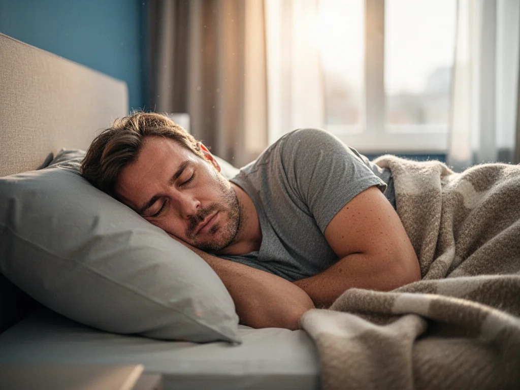 Wyczerpany mężczyzna śpiący w jasnej, przytulnej sypialni w ciągu dnia, co symbolizuje próbę odespania nieprzespanej nocy.